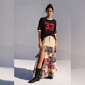 Free People Harvest Moon Maxi Skirt Tiered Ruffle‎ Denim Skirt Women's Size 30